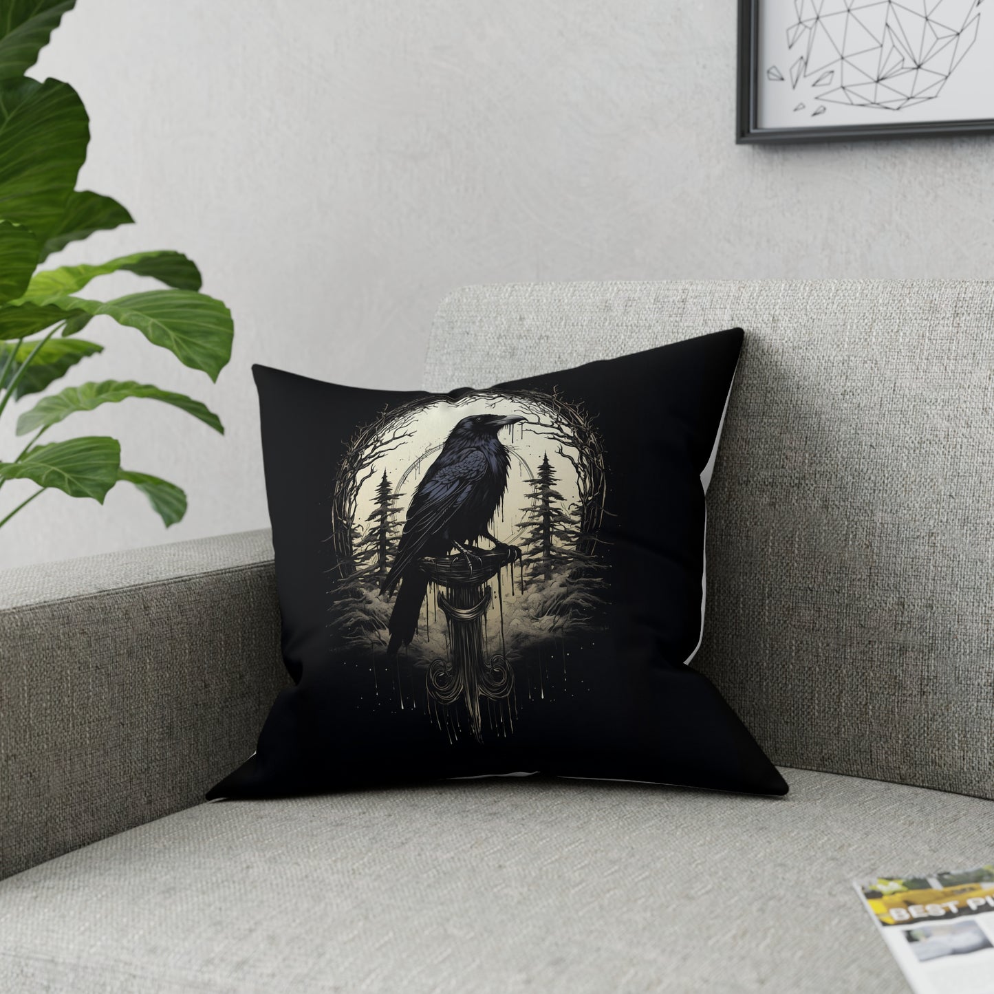 Night's Sentinel, Dark Raven Gothic Broadcloth Pillow. Cloth pillow, canvas pillow, raven pillow  goth pillow, dark art, dark academia, gift