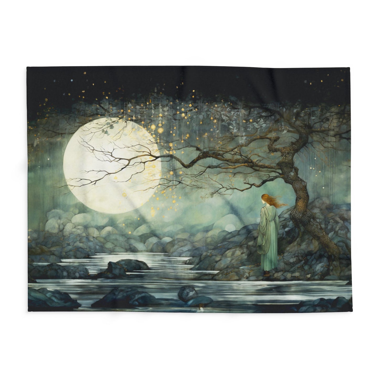 Her Lunar Reflections Arctic Fleece Blanket - a serene original art scene featuring a redheaded woman and a full moon