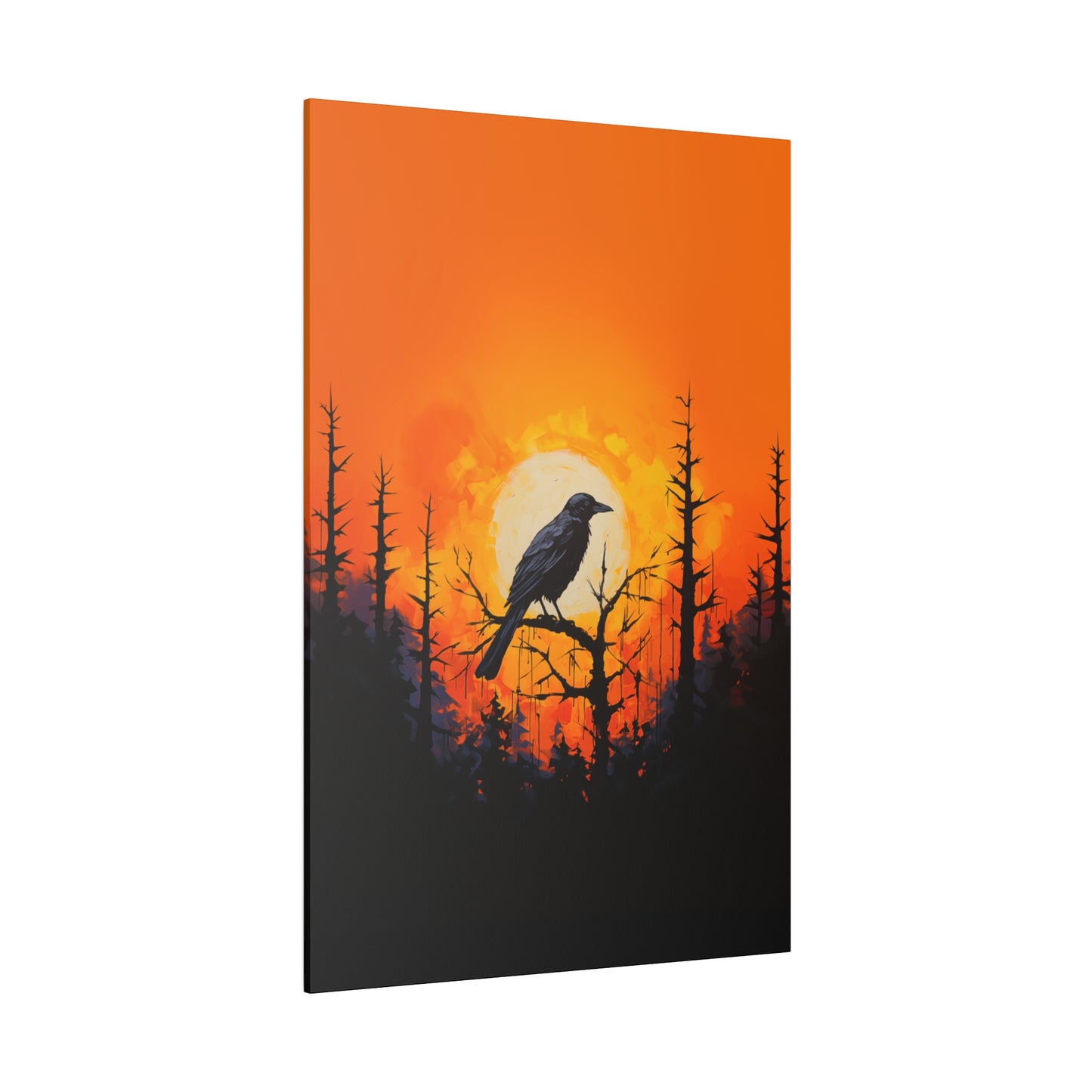 Corvid Sunrise Silhouette Matte Canvas Orange and Black Abstract Art Print 8x10, 12x16, 16x20,  18x24, 20x30, 24x32, 30x40, 32x48" Artwork