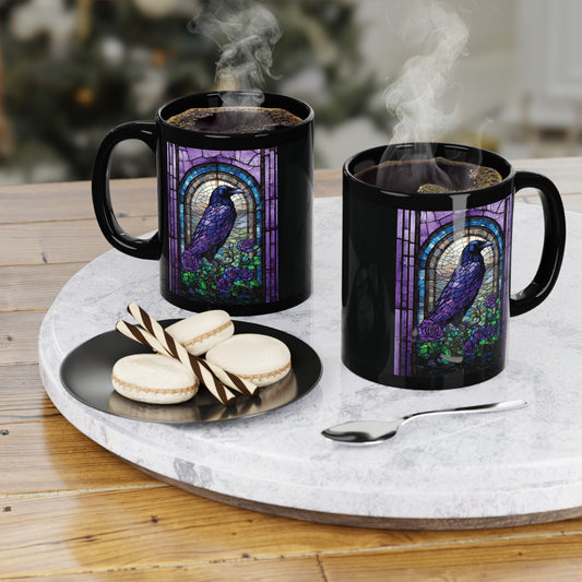 Black Coffee Mug with Purple Blue Raven and Roses in Stained Glass - Raven Mug Gothic Raven Dark Academia Mug Ravencore Goth Coffee Mug