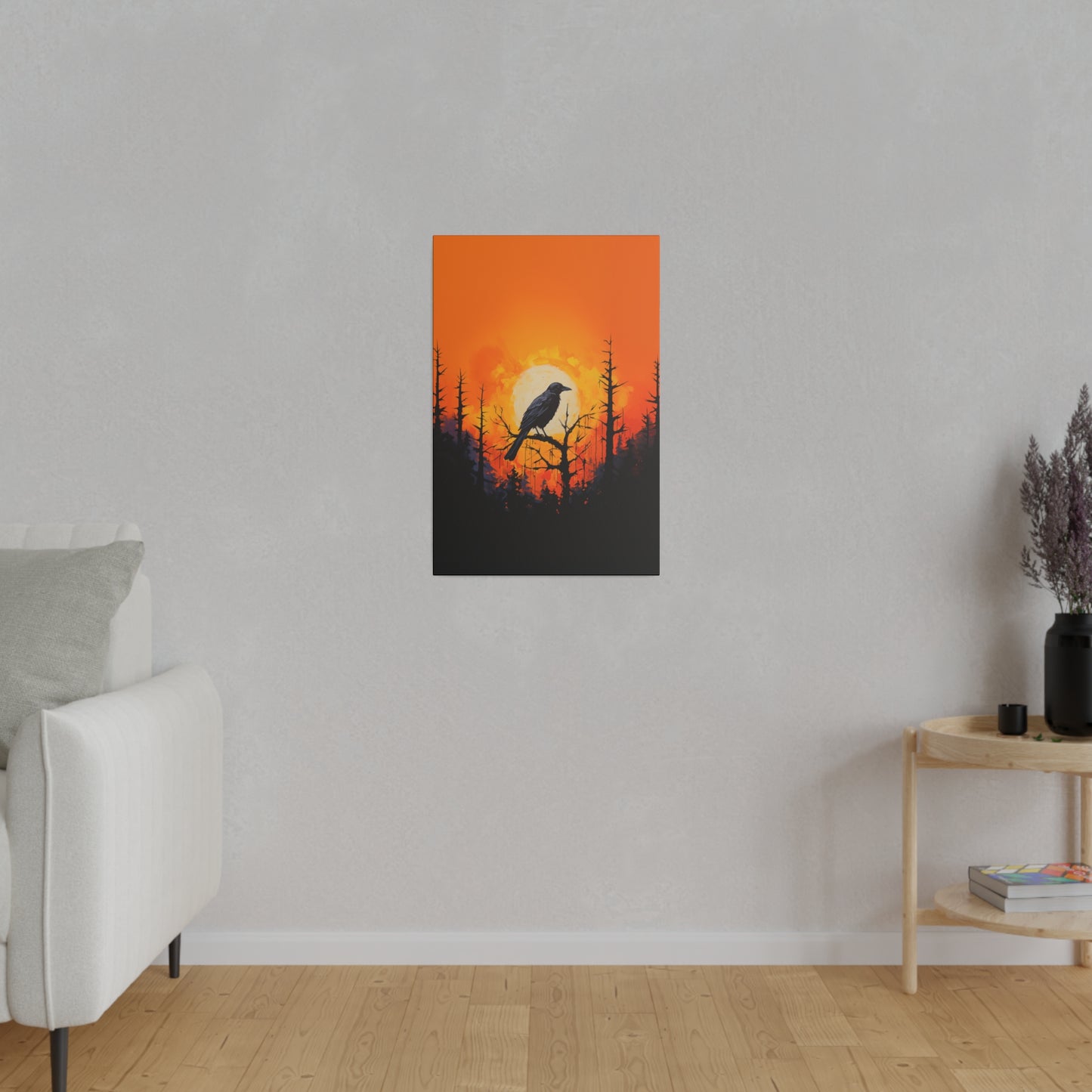 Corvid Sunrise Silhouette Matte Canvas Orange and Black Abstract Art Print 8x10, 12x16, 16x20,  18x24, 20x30, 24x32, 30x40, 32x48" Artwork