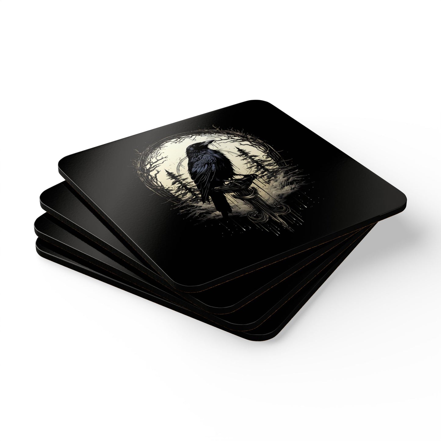 Night's Sentinel Corkwood Coaster Set Gothic Raven Black Coasters 4-pk