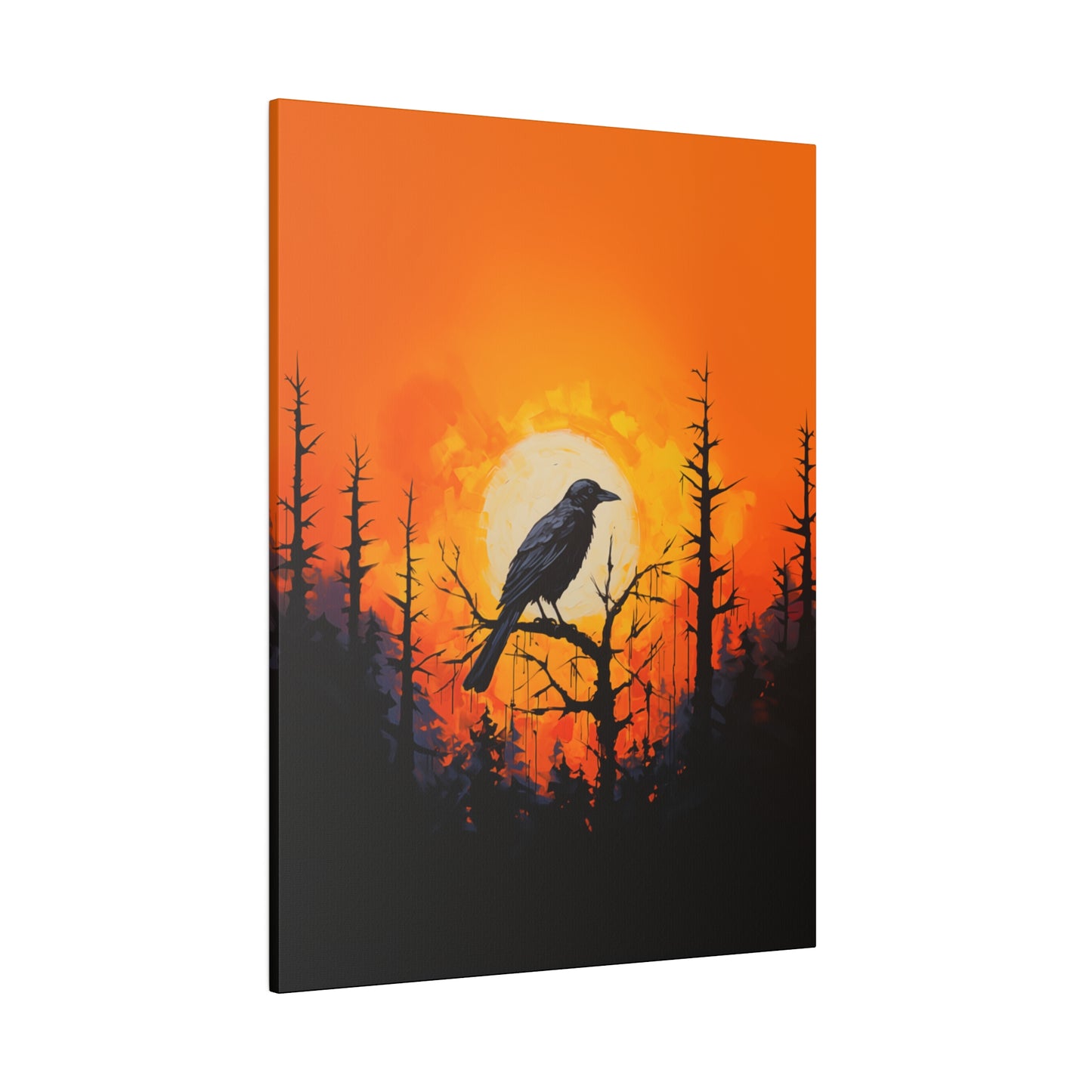 Corvid Sunrise Silhouette Matte Canvas Orange and Black Abstract Art Print 8x10, 12x16, 16x20,  18x24, 20x30, 24x32, 30x40, 32x48" Artwork