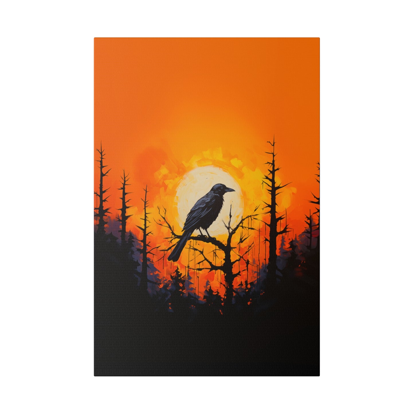 Corvid Sunrise Silhouette Matte Canvas Orange and Black Abstract Art Print 8x10, 12x16, 16x20,  18x24, 20x30, 24x32, 30x40, 32x48" Artwork