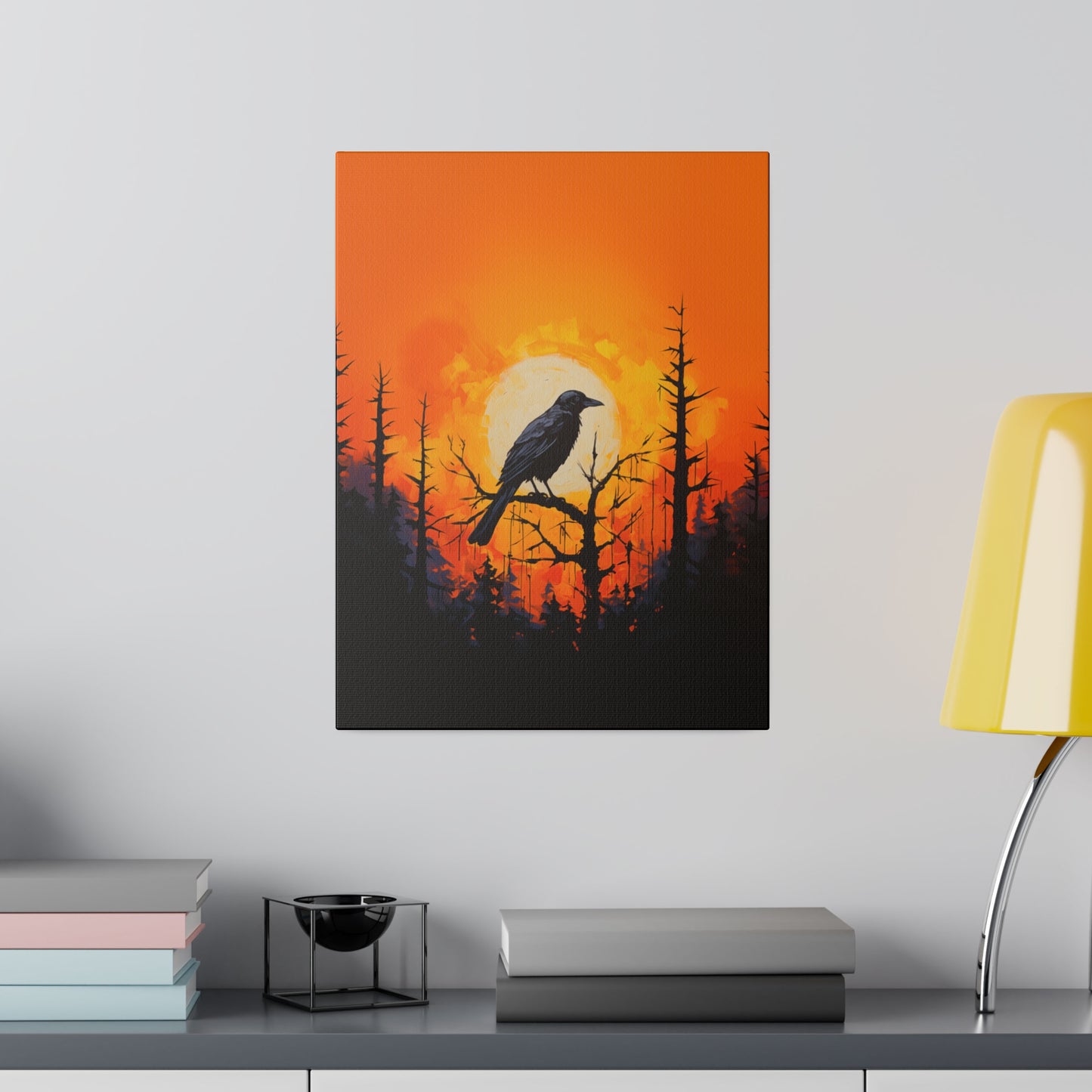 Corvid Sunrise Silhouette Matte Canvas Orange and Black Abstract Art Print 8x10, 12x16, 16x20,  18x24, 20x30, 24x32, 30x40, 32x48" Artwork