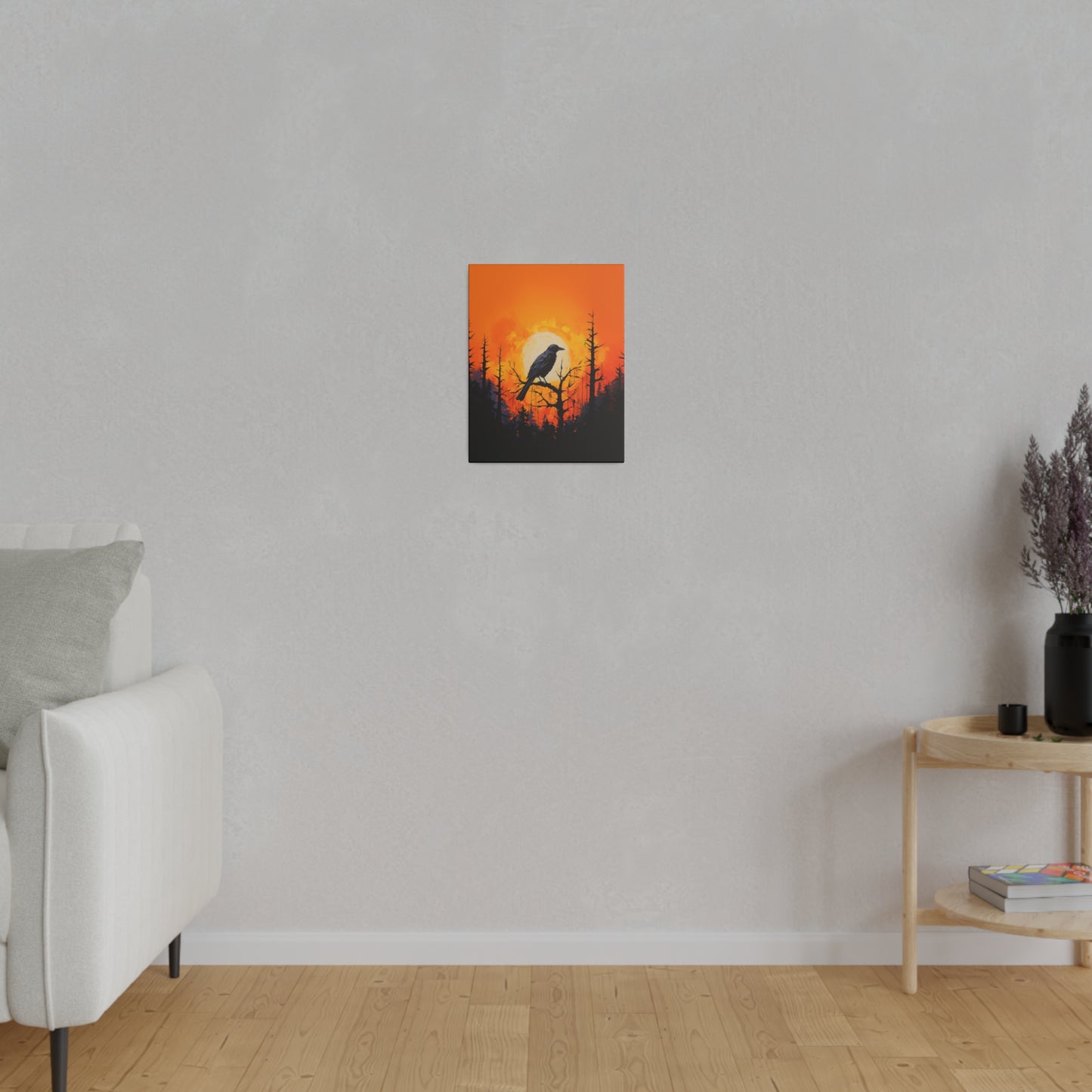 Corvid Sunrise Silhouette Matte Canvas Orange and Black Abstract Art Print 8x10, 12x16, 16x20,  18x24, 20x30, 24x32, 30x40, 32x48" Artwork