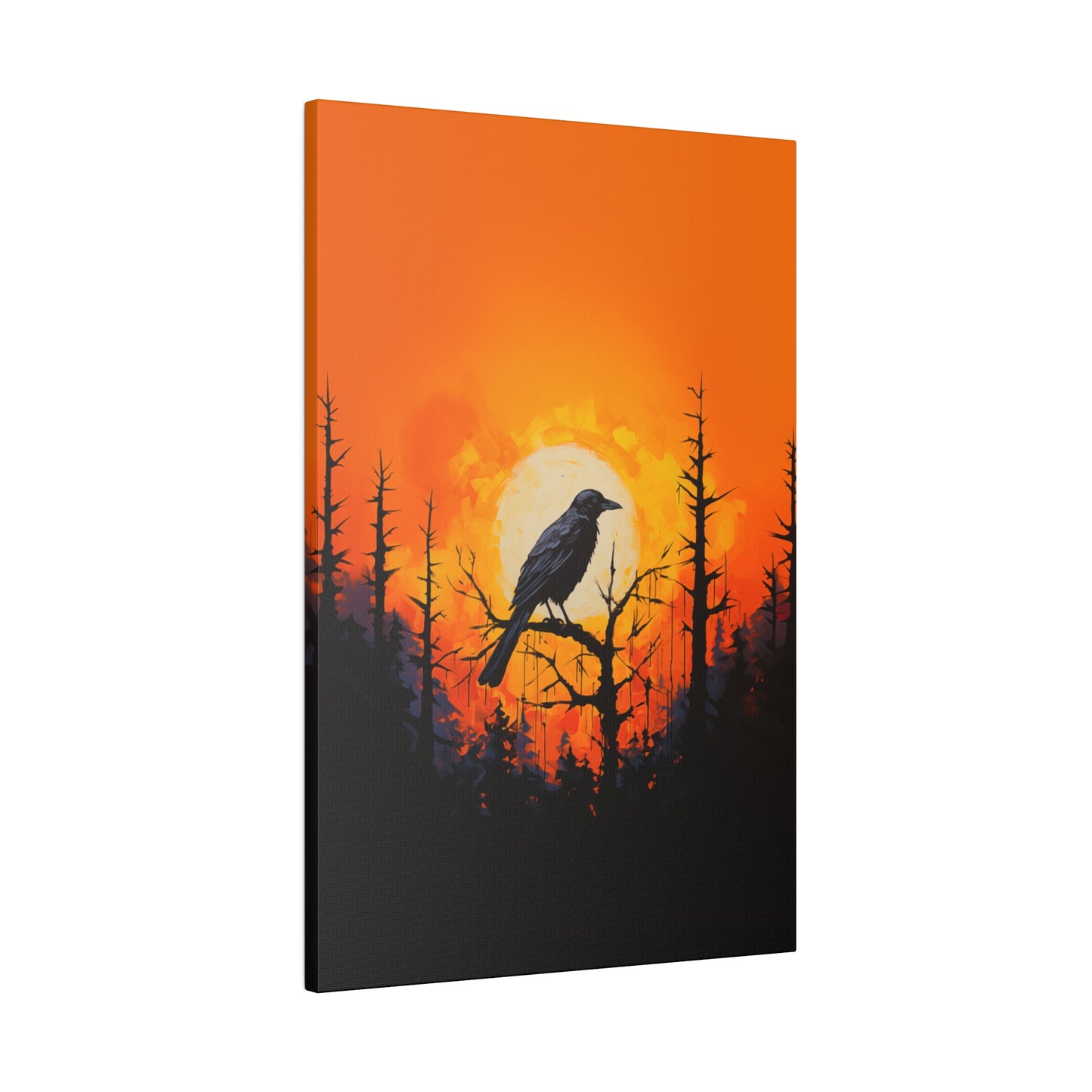 Corvid Sunrise Silhouette Matte Canvas Orange and Black Abstract Art Print 8x10, 12x16, 16x20,  18x24, 20x30, 24x32, 30x40, 32x48" Artwork