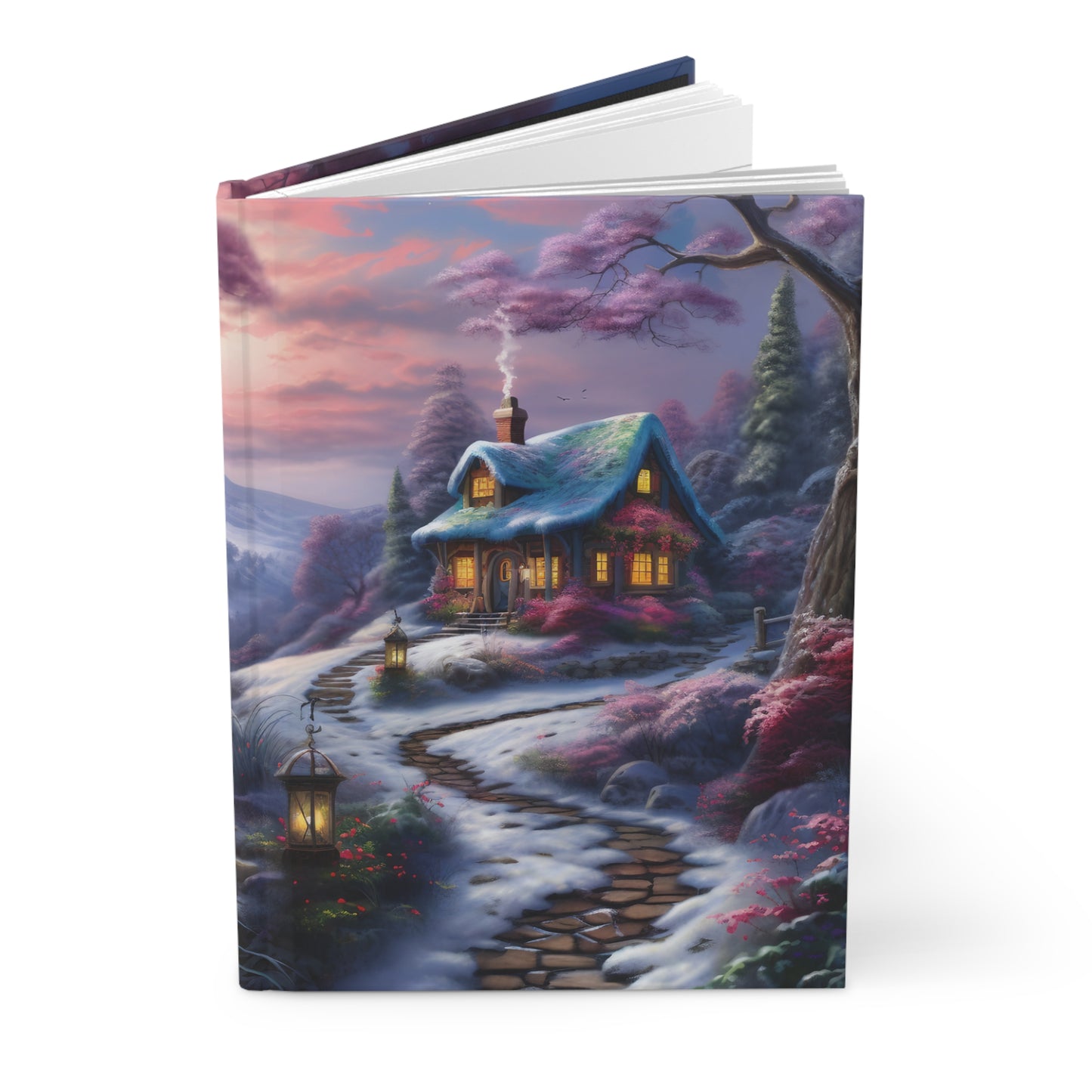 Snowy Hardcover Ruled Journal - cozy homes in the snow with glowing windows, glowing windows winter scene winter landscape