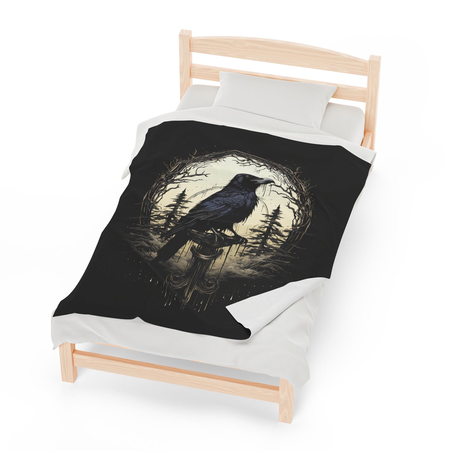 Gothic Raven Blanket - Night's Sentinel, Velveteen Fuzzy Raven Blanket, raven silhouette, gothic blanket, raven decor, dark academia blanket