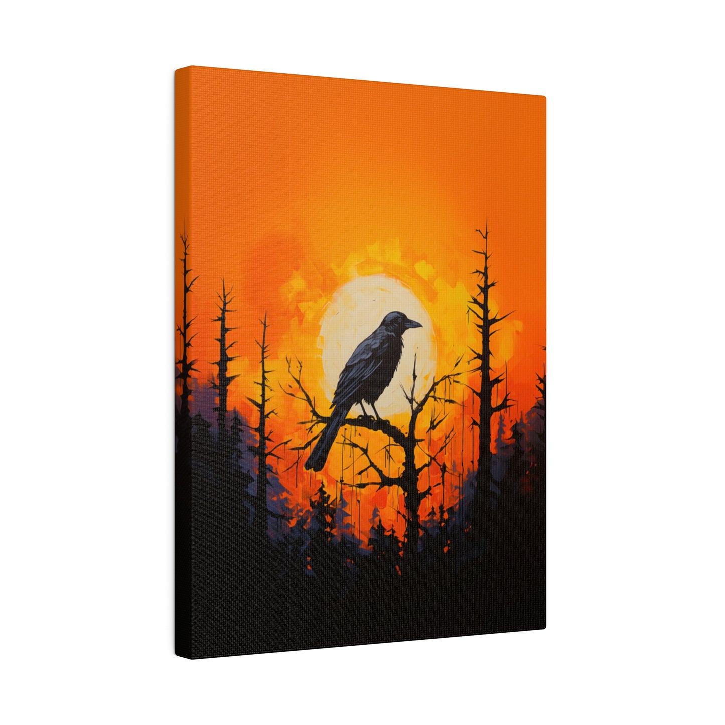 Corvid Sunrise Silhouette Matte Canvas Orange and Black Abstract Art Print 8x10, 12x16, 16x20,  18x24, 20x30, 24x32, 30x40, 32x48" Artwork