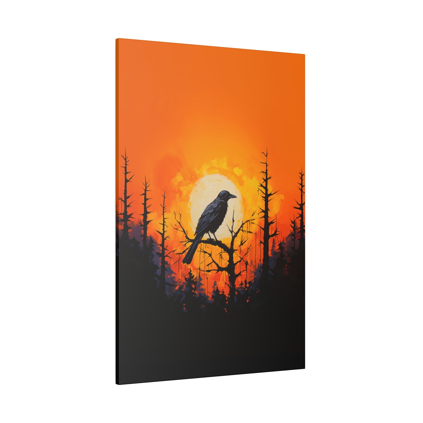 Corvid Sunrise Silhouette Matte Canvas Orange and Black Abstract Art Print 8x10, 12x16, 16x20,  18x24, 20x30, 24x32, 30x40, 32x48" Artwork