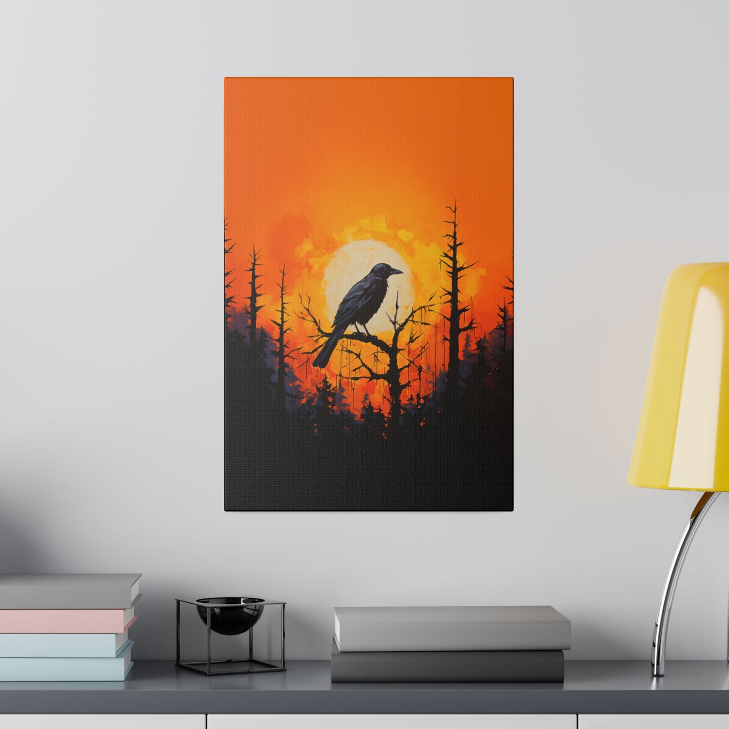 Corvid Sunrise Silhouette Matte Canvas Orange and Black Abstract Art Print 8x10, 12x16, 16x20,  18x24, 20x30, 24x32, 30x40, 32x48" Artwork