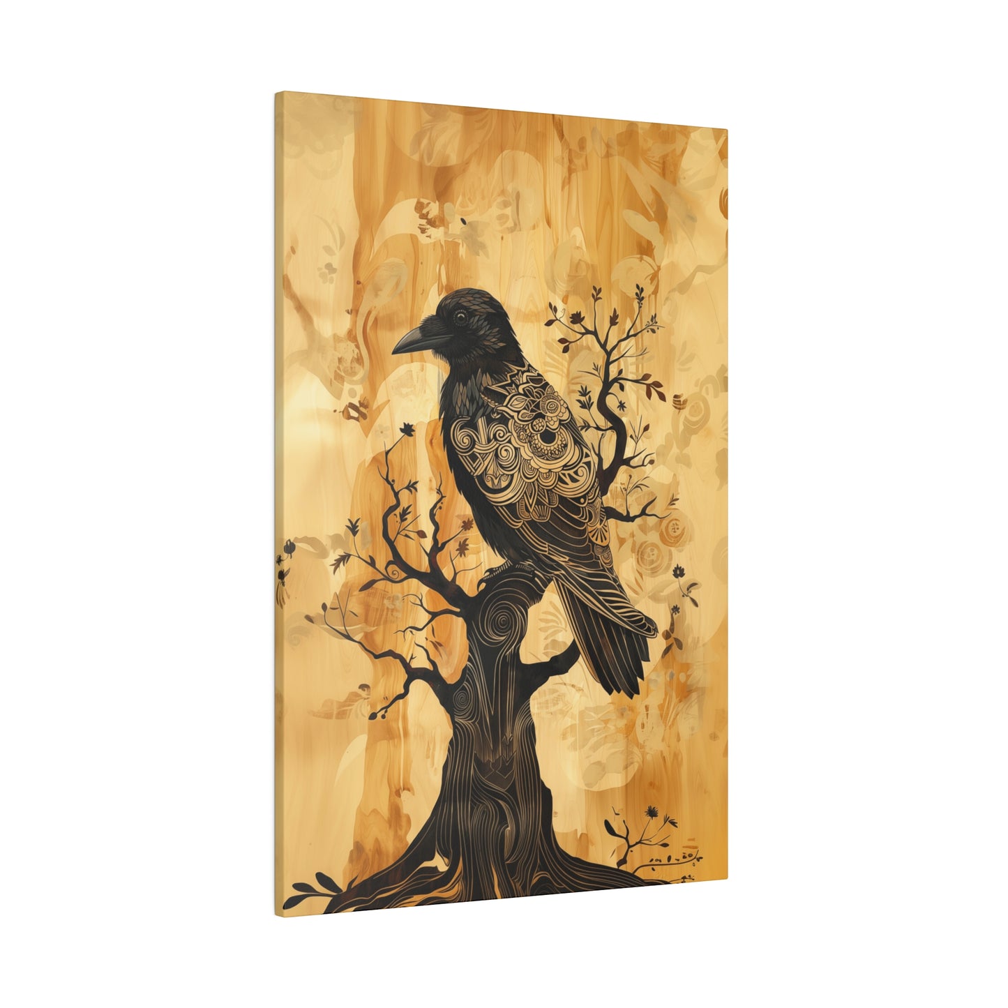 Delicate Raven Matte Canvas Corvid in tree Art Print 12x18, 16x24, 20x30, 24x36 inch Artwork Aspect Ratio 2:3 (vertical) as if on wood