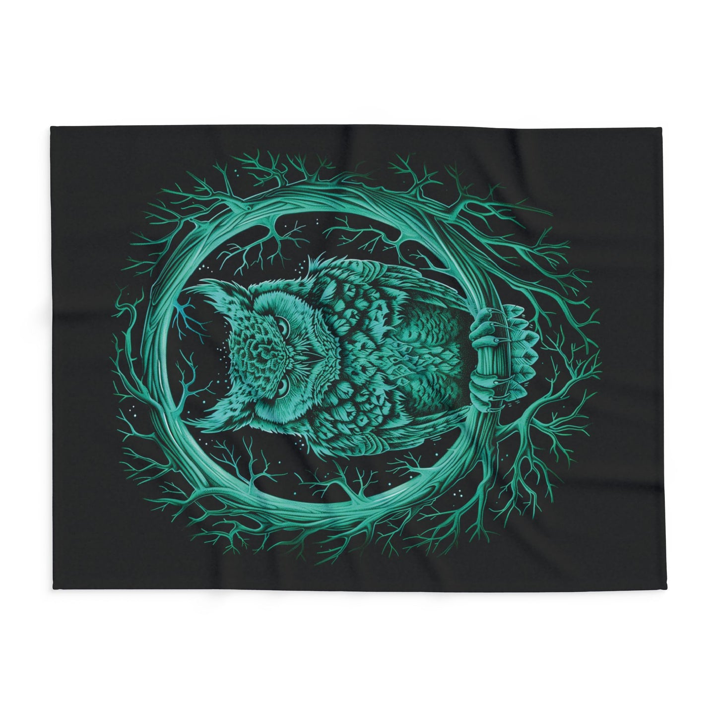 Owl Wreath Arctic Fleece Blanket Green Owl Blanket Fleece Green and Black Blanket Glowing Blanket