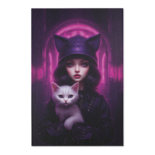 Cyberpunk Cat Girl Area Rug Gothic Area Rug Dark Rug Black and Pink Rug 2x3 3x2 4x6 6x4