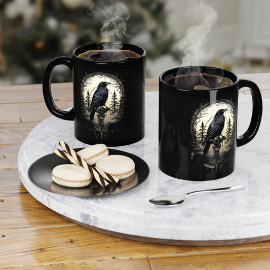 Night's Sentinel 11oz Black Coffee Mug - Original art on a mug, black raven mug, gothic mug, raven mug, dark academic mug, raven gift, Odin