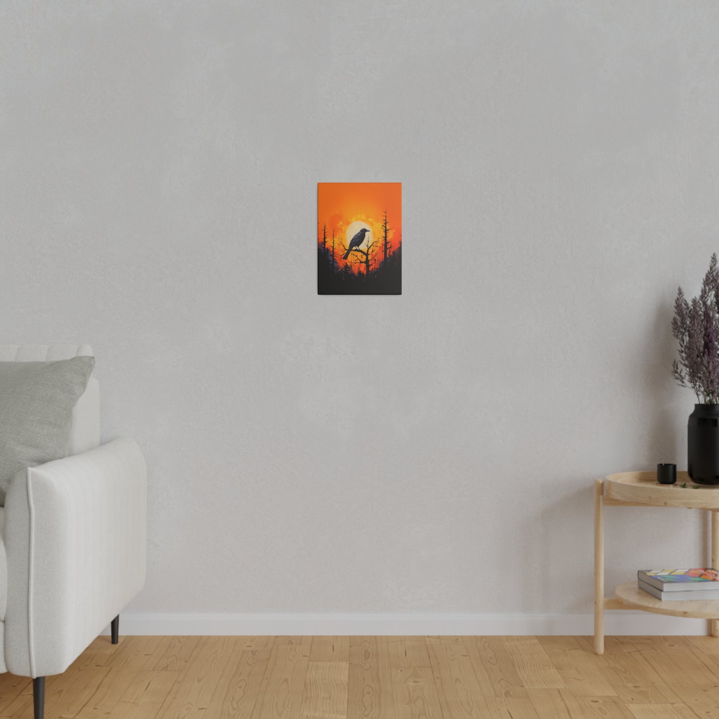 Corvid Sunrise Silhouette Matte Canvas Orange and Black Abstract Art Print 8x10, 12x16, 16x20,  18x24, 20x30, 24x32, 30x40, 32x48" Artwork