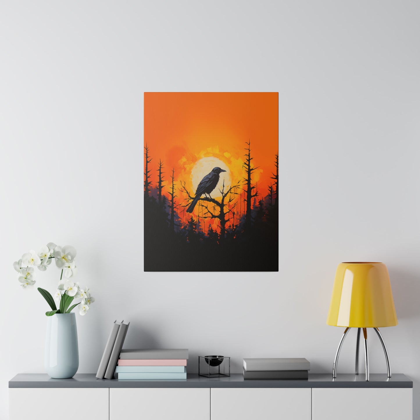 Corvid Sunrise Silhouette Matte Canvas Orange and Black Abstract Art Print 8x10, 12x16, 16x20,  18x24, 20x30, 24x32, 30x40, 32x48" Artwork