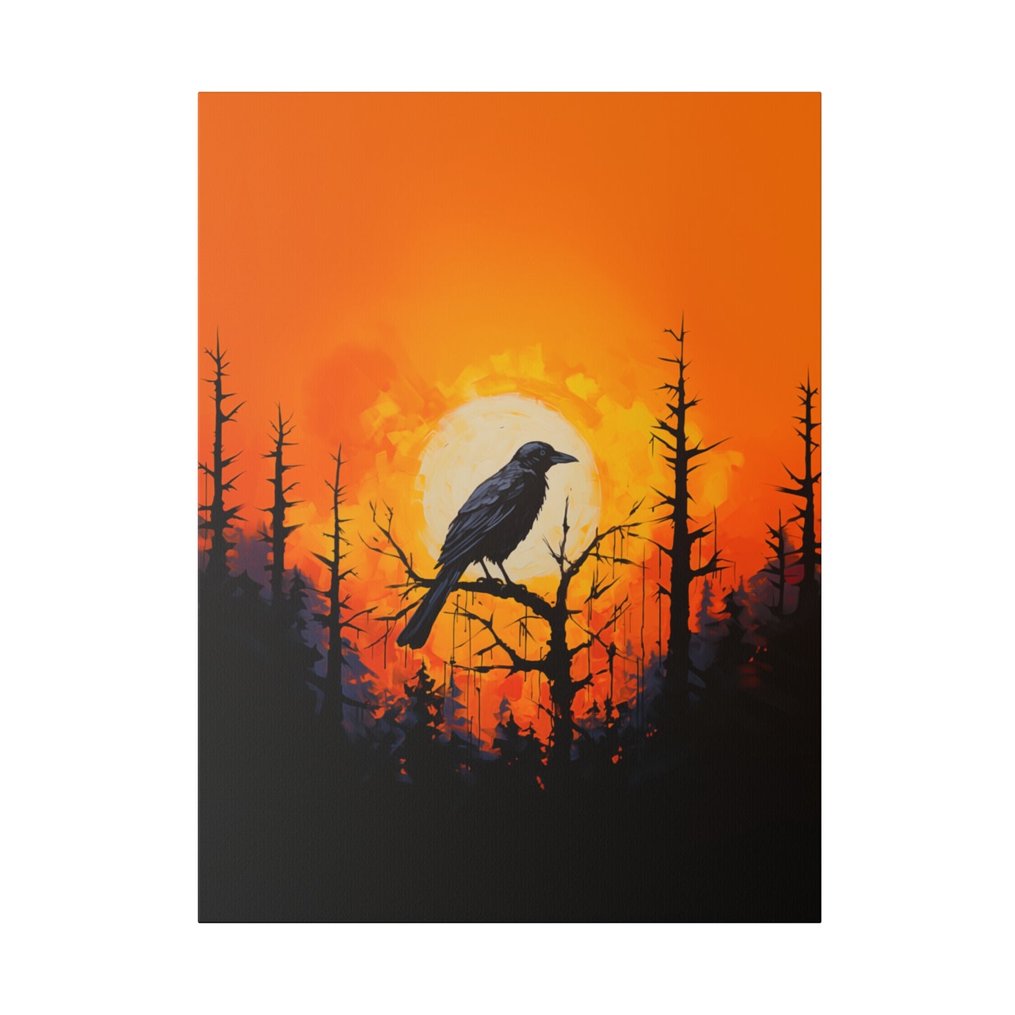 Corvid Sunrise Silhouette Matte Canvas Orange and Black Abstract Art Print 8x10, 12x16, 16x20,  18x24, 20x30, 24x32, 30x40, 32x48" Artwork