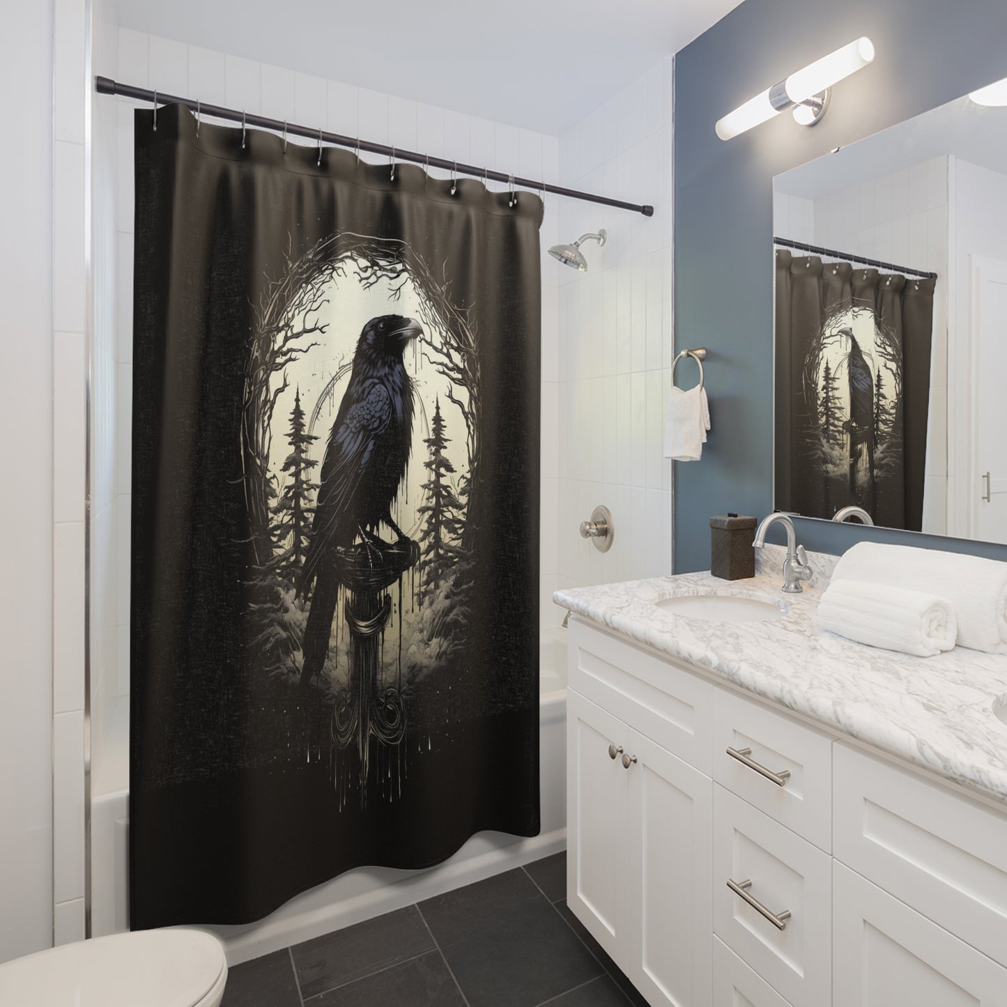 Night's Sentinel Shower Curtain Gothic Raven Polyester Bath Curtain