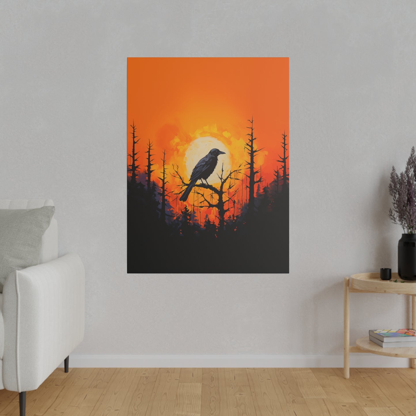 Corvid Sunrise Silhouette Matte Canvas Orange and Black Abstract Art Print 8x10, 12x16, 16x20,  18x24, 20x30, 24x32, 30x40, 32x48" Artwork