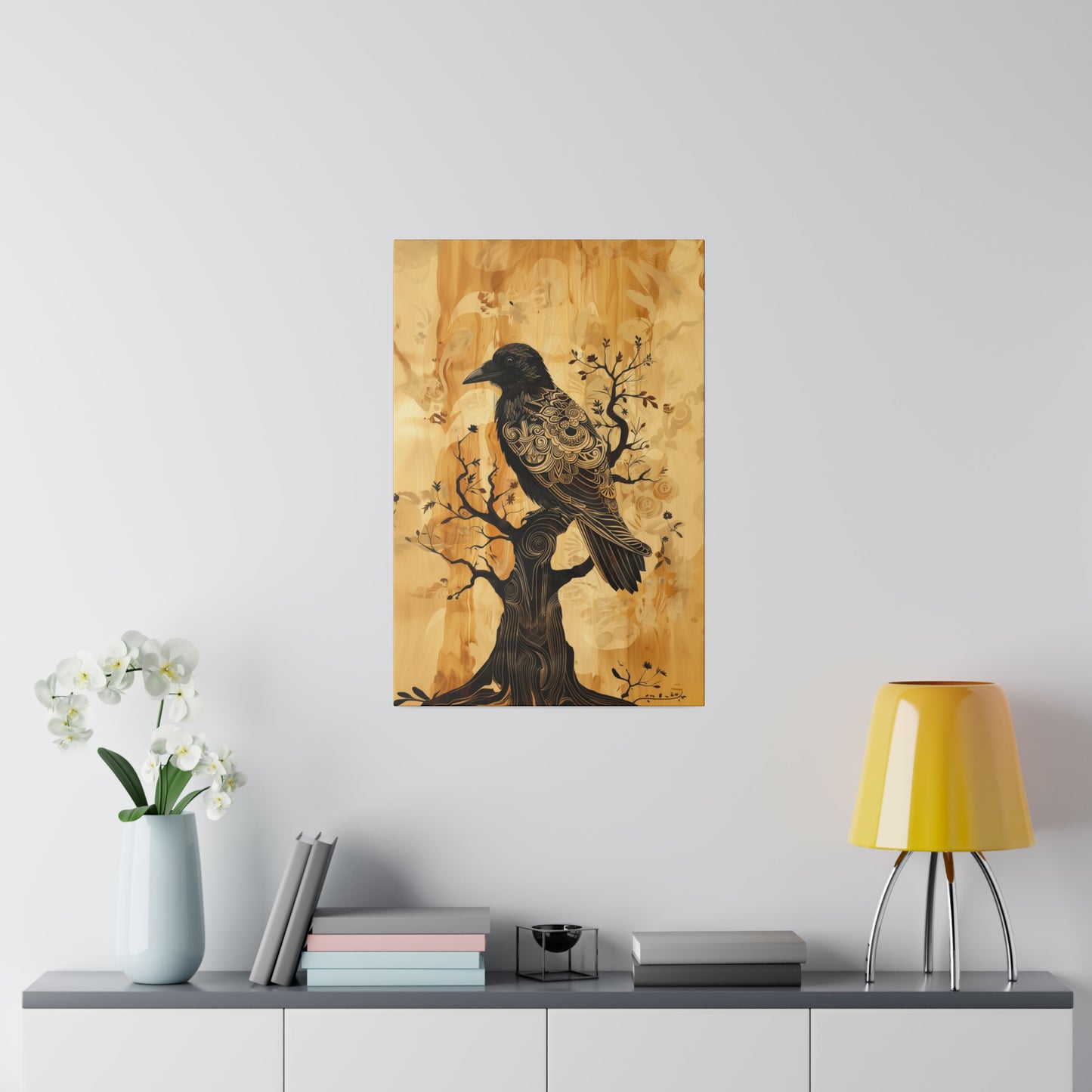 Delicate Raven Matte Canvas Corvid in tree Art Print 12x18, 16x24, 20x30, 24x36 inch Artwork Aspect Ratio 2:3 (vertical) as if on wood