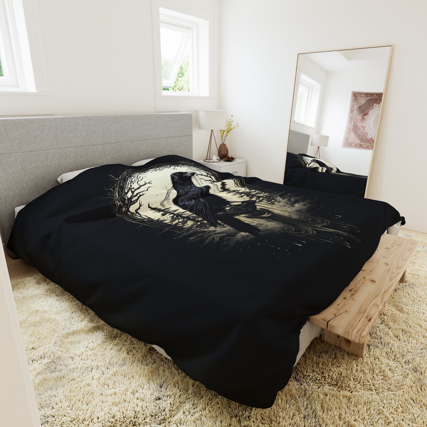 Night's Sentinel Duvet Cover, Polyester, Black Raven Gothic Duvet Cover. Cover only, requires duvet. Dark academia, dark art, goth