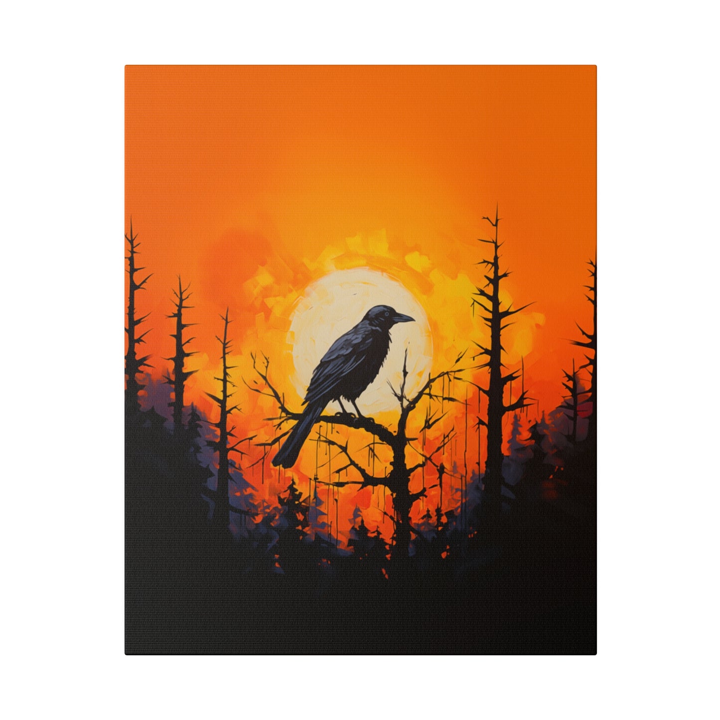 Corvid Sunrise Silhouette Matte Canvas Orange and Black Abstract Art Print 8x10, 12x16, 16x20,  18x24, 20x30, 24x32, 30x40, 32x48" Artwork