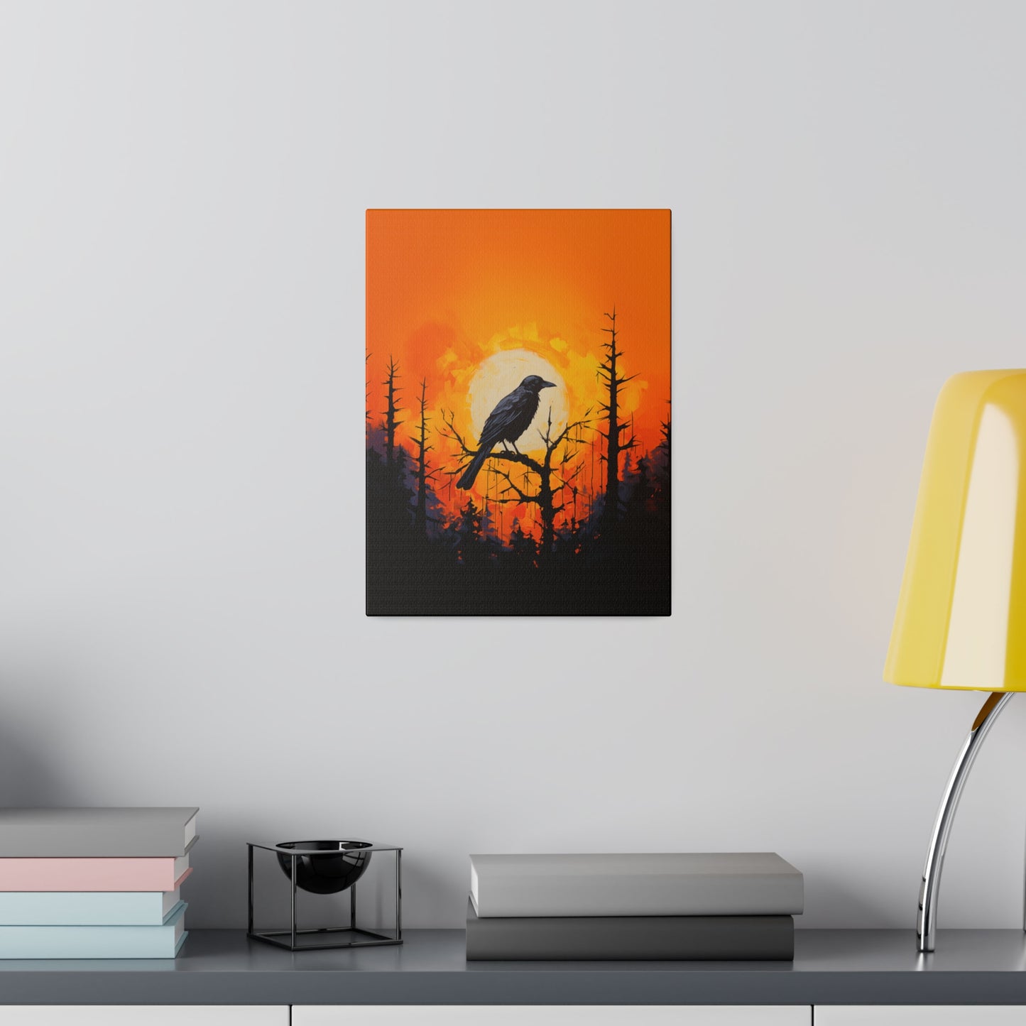 Corvid Sunrise Silhouette Matte Canvas Orange and Black Abstract Art Print 8x10, 12x16, 16x20,  18x24, 20x30, 24x32, 30x40, 32x48" Artwork