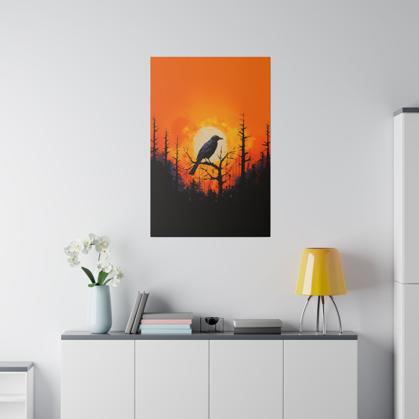 Corvid Sunrise Silhouette Matte Canvas Orange and Black Abstract Art Print 8x10, 12x16, 16x20,  18x24, 20x30, 24x32, 30x40, 32x48" Artwork