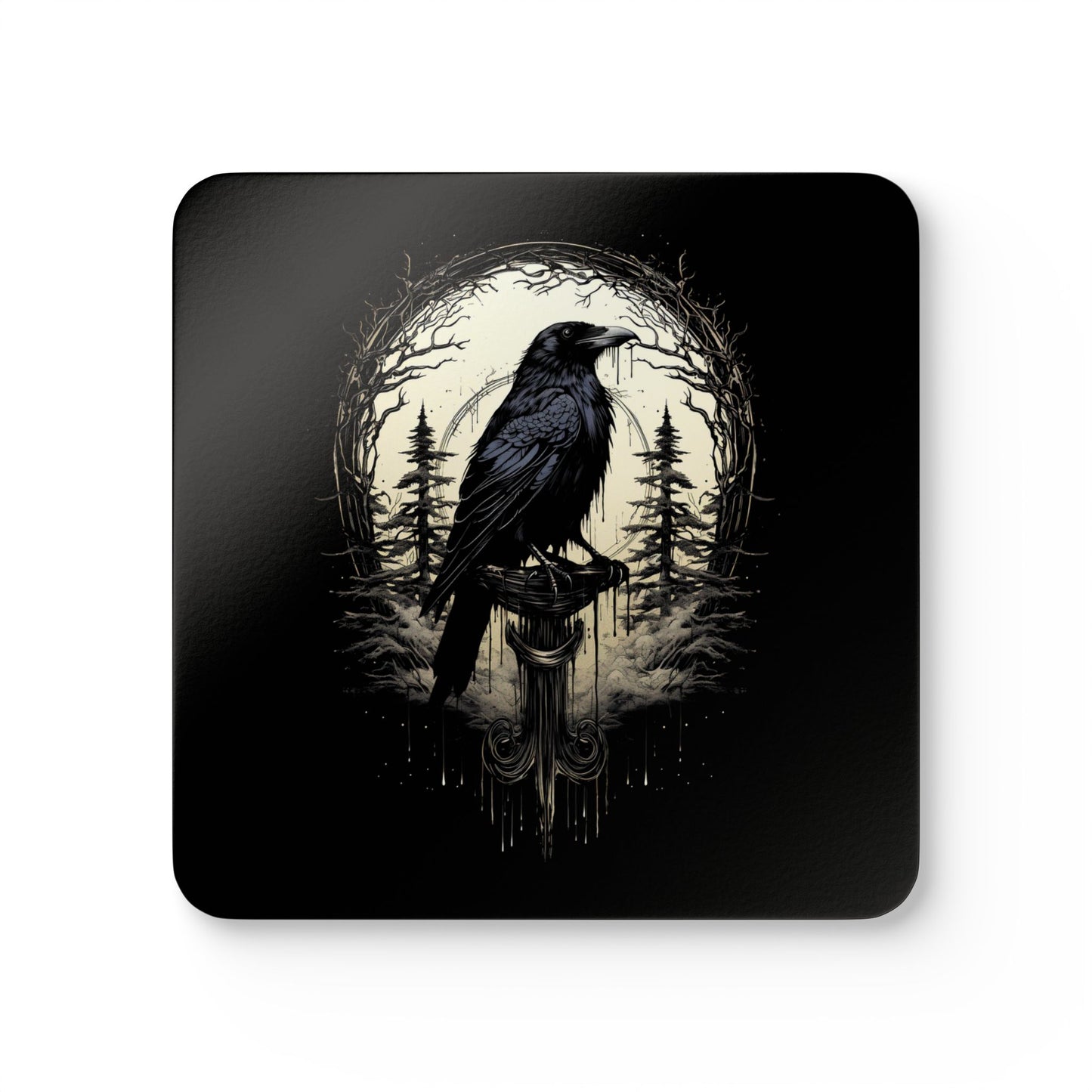 Night's Sentinel Corkwood Coaster Set Gothic Raven Black Coasters 4-pk