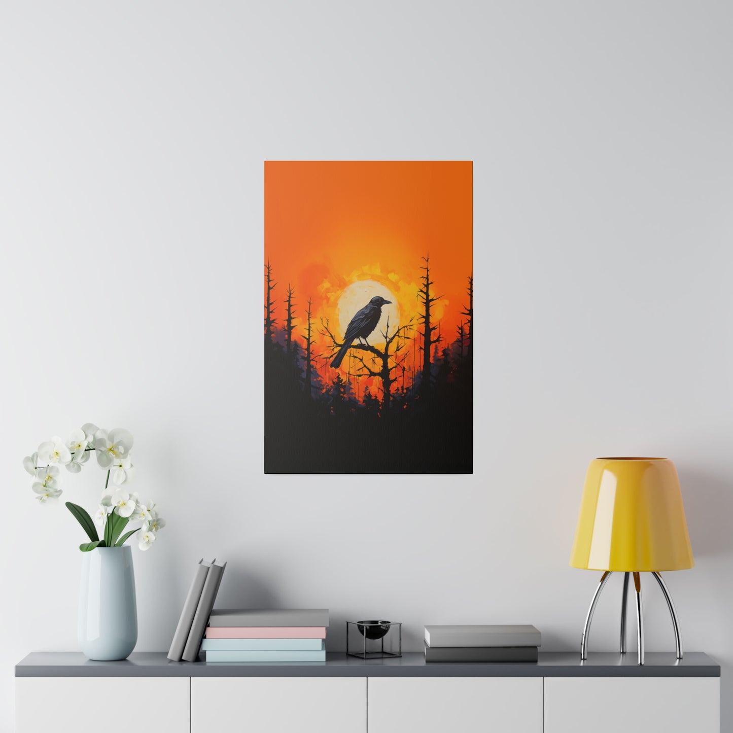 Corvid Sunrise Silhouette Matte Canvas Orange and Black Abstract Art Print 8x10, 12x16, 16x20,  18x24, 20x30, 24x32, 30x40, 32x48" Artwork