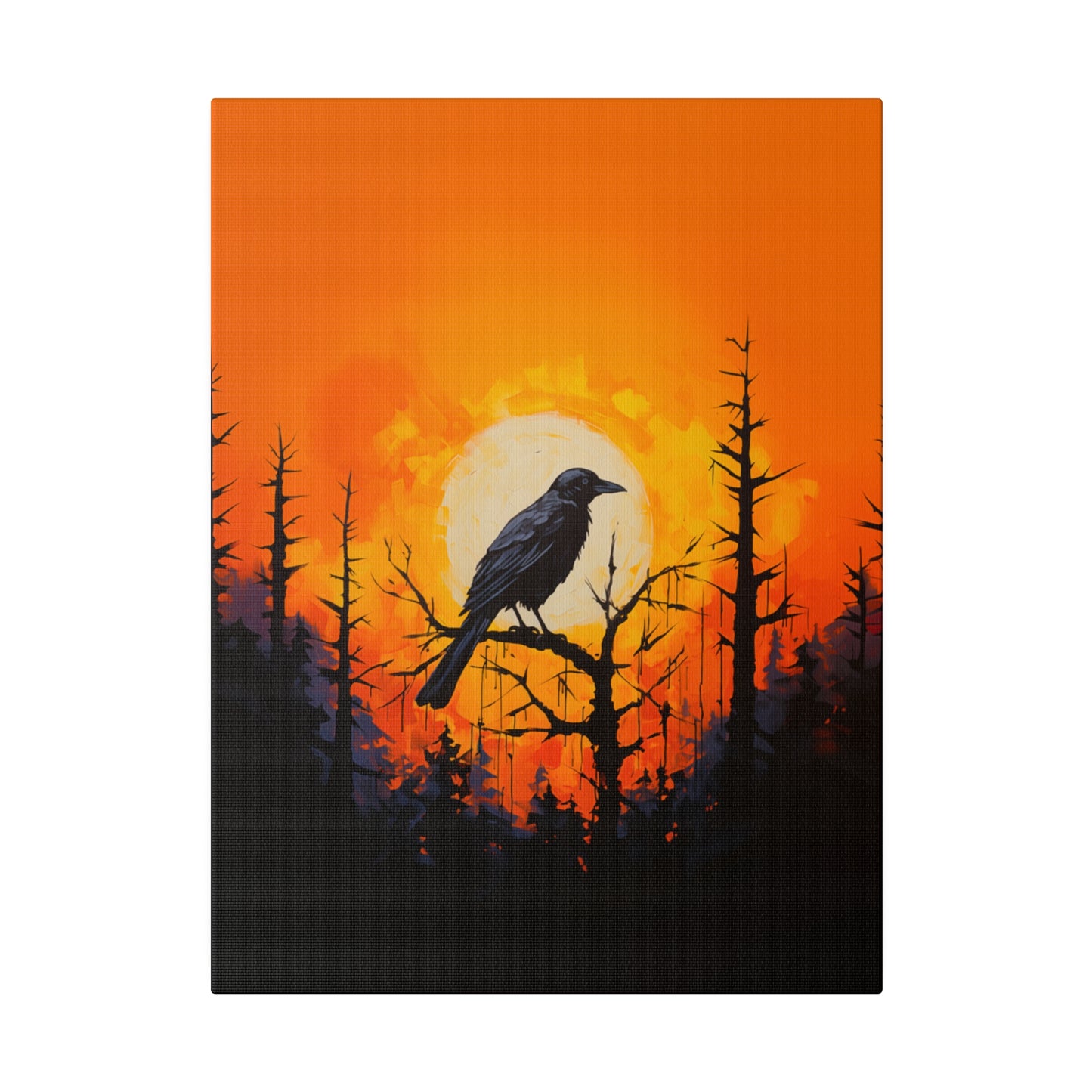 Corvid Sunrise Silhouette Matte Canvas Orange and Black Abstract Art Print 8x10, 12x16, 16x20,  18x24, 20x30, 24x32, 30x40, 32x48" Artwork