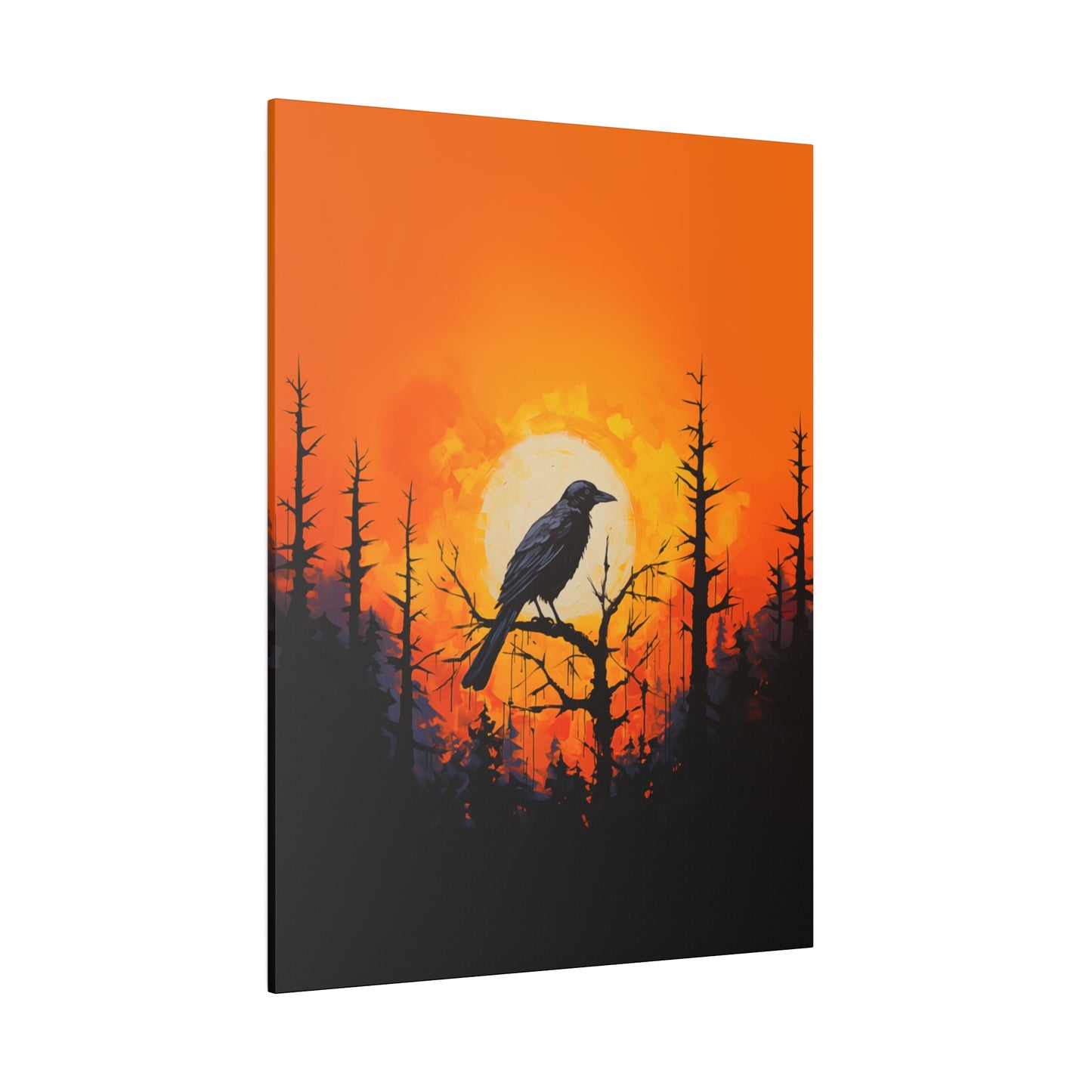 Corvid Sunrise Silhouette Matte Canvas Orange and Black Abstract Art Print 8x10, 12x16, 16x20,  18x24, 20x30, 24x32, 30x40, 32x48" Artwork