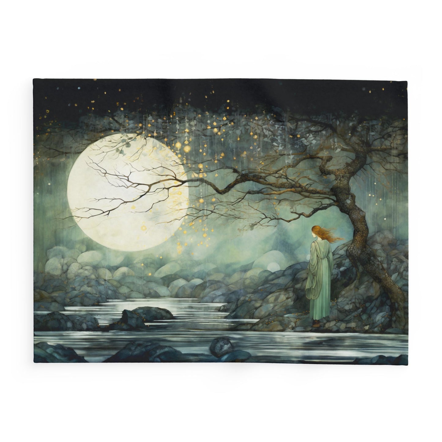 Her Lunar Reflections Arctic Fleece Blanket - a serene original art scene featuring a redheaded woman and a full moon