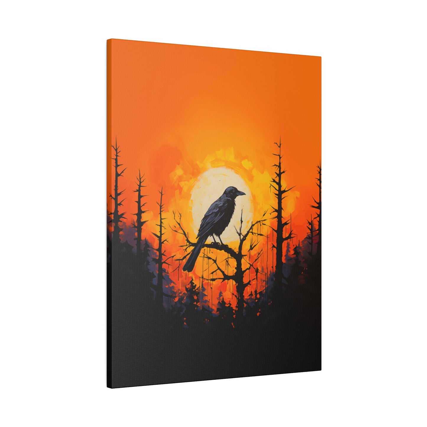 Corvid Sunrise Silhouette Matte Canvas Orange and Black Abstract Art Print 8x10, 12x16, 16x20,  18x24, 20x30, 24x32, 30x40, 32x48" Artwork