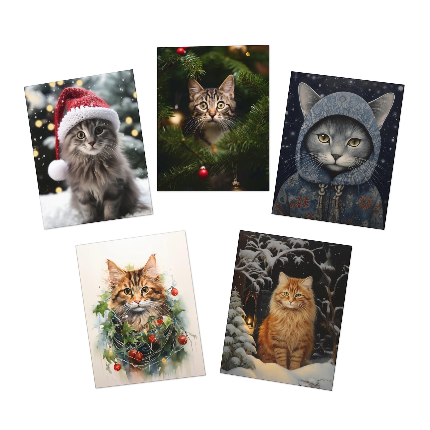 Cat Christmas Card pack of 5 cards, Cats Christmas greeting cards holiday cards kitty Christmas cards blank Christmas post cards, cats