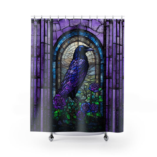 Raven Stained Glass Shower Curtain Purple and Blue Raven Polyester Bath Curtain