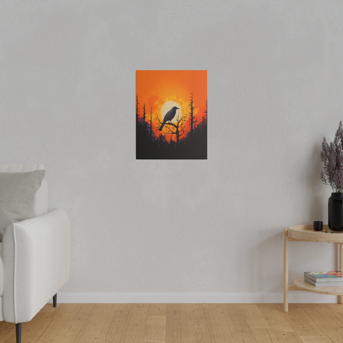 Corvid Sunrise Silhouette Matte Canvas Orange and Black Abstract Art Print 8x10, 12x16, 16x20,  18x24, 20x30, 24x32, 30x40, 32x48" Artwork