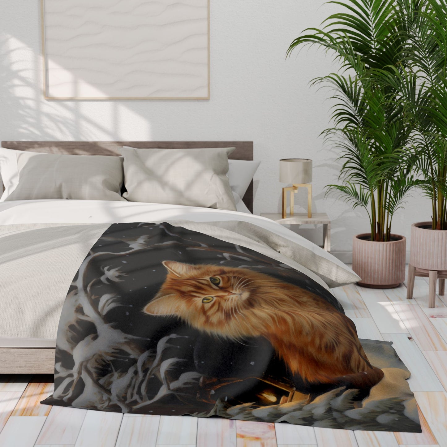 Winter Cat Arctic Fleece Blanket - Original Art - a Fluffy Orange Cat in a Comfy Snowy Scene Winter Fleece Blanket Fleece Cat Blanket