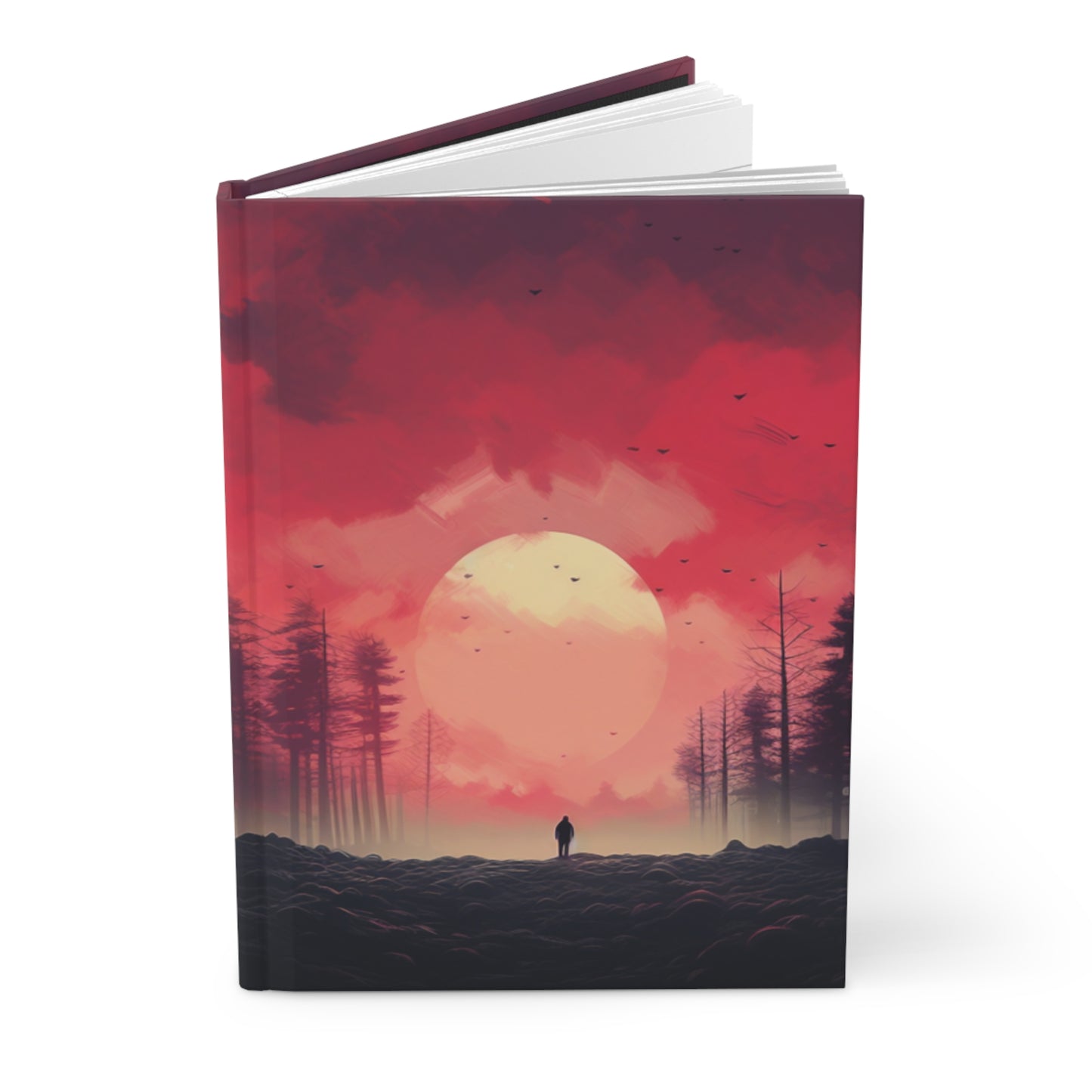 Walking into the sunset Red Hardcover Lined Journal hardcover red and black journal notebook forest scene hiking journal adventure notebook