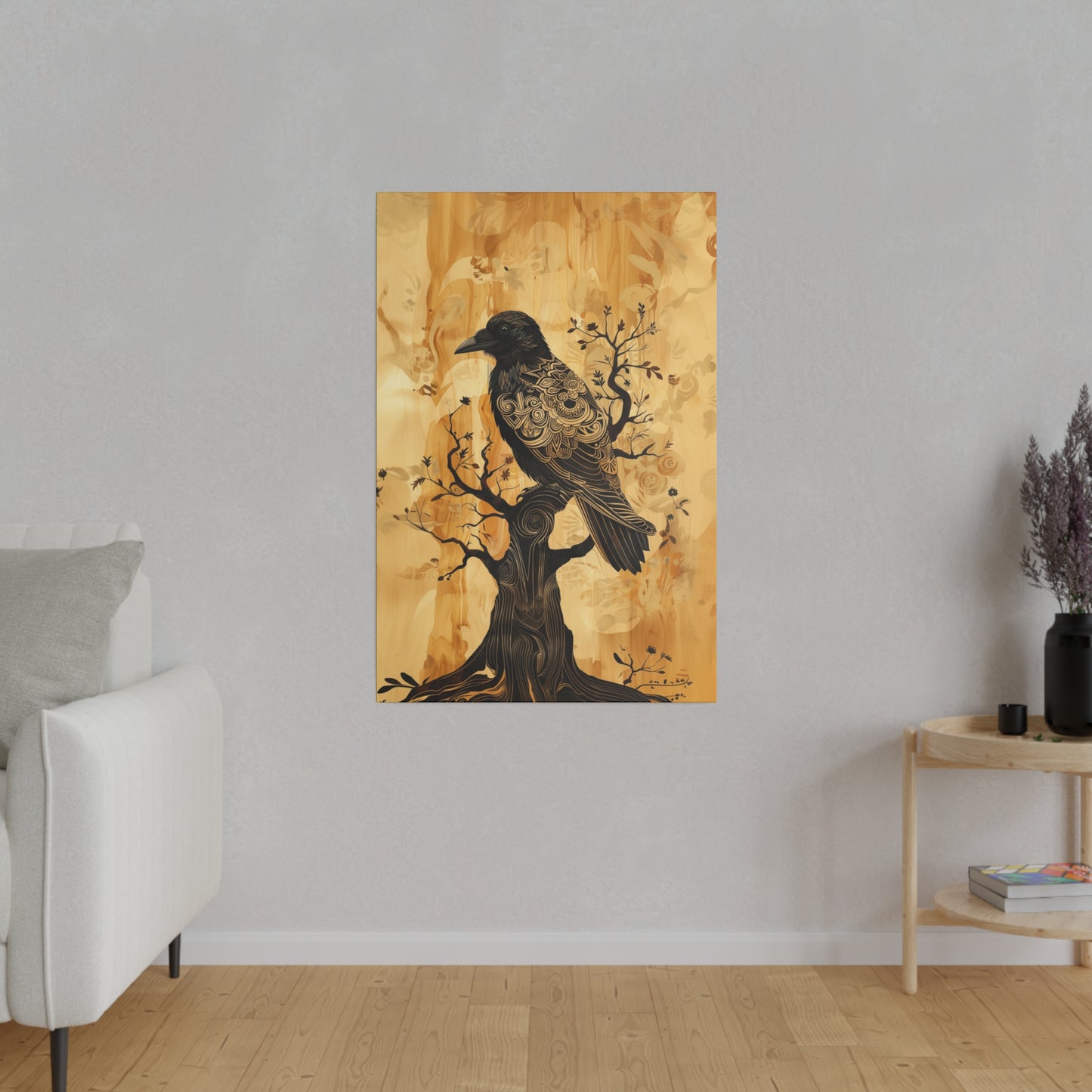 Delicate Raven Matte Canvas Corvid in tree Art Print 12x18, 16x24, 20x30, 24x36 inch Artwork Aspect Ratio 2:3 (vertical) as if on wood