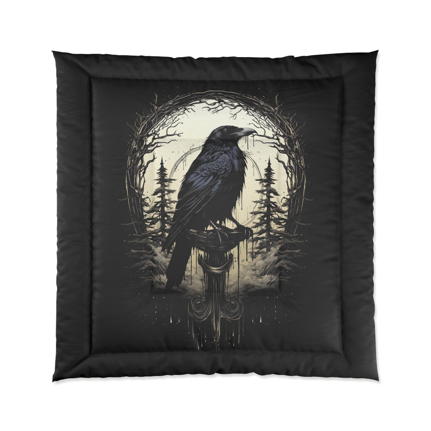 Night's Sentinel Black Comforter Gothic Raven Comforter Black Dark Academia 68x88 68x92 88x88 104x88 Twin Queen King Goth Bedspread