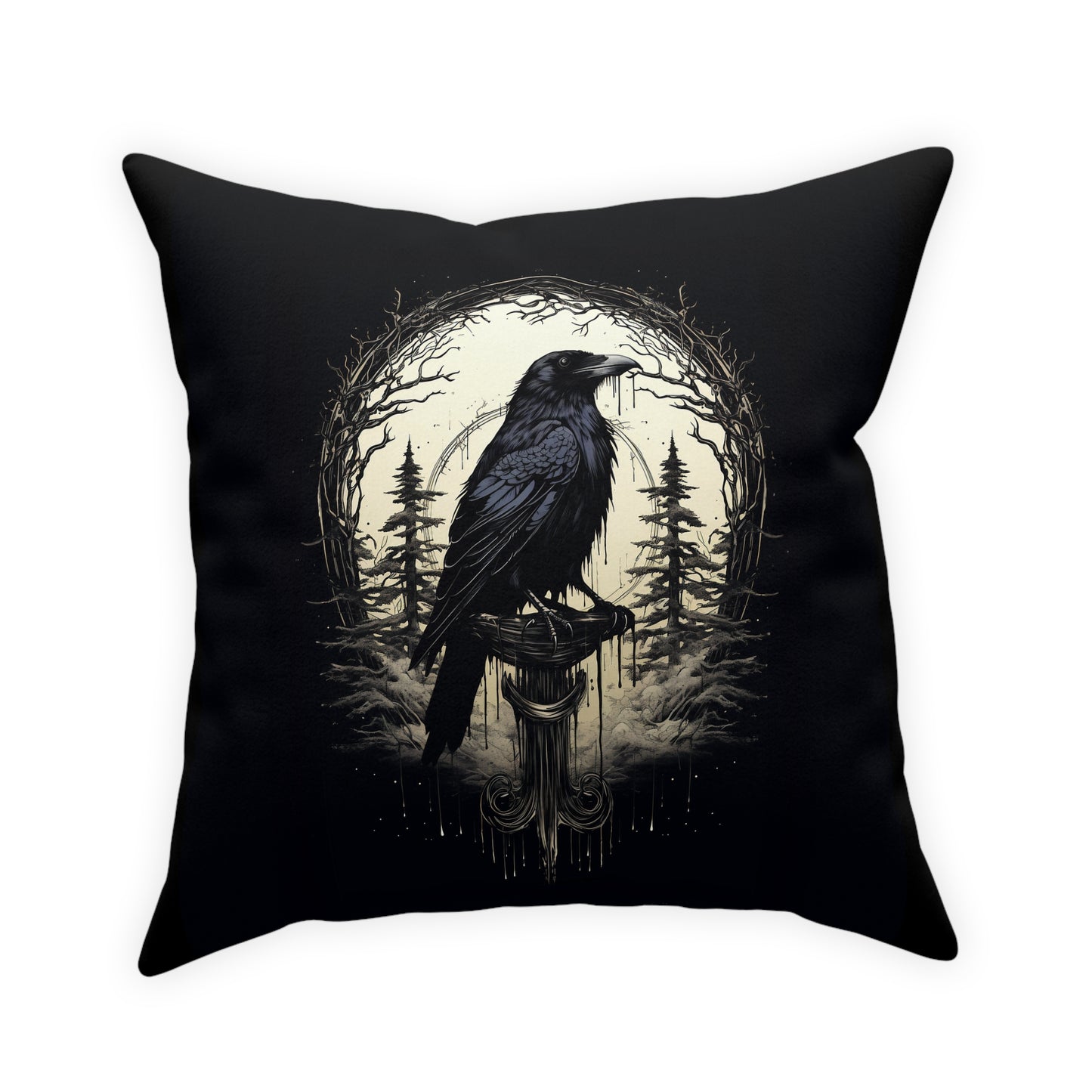 Night's Sentinel, Dark Raven Gothic Broadcloth Pillow. Cloth pillow, canvas pillow, raven pillow  goth pillow, dark art, dark academia, gift