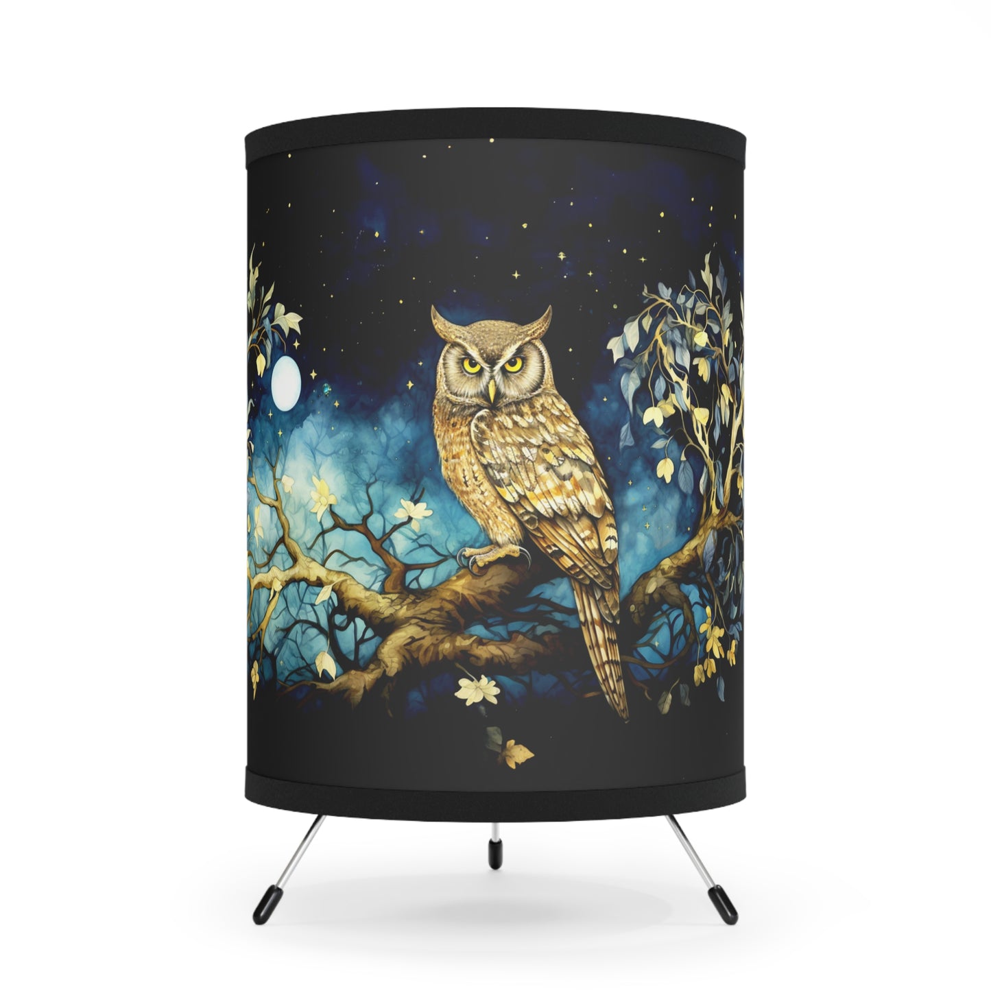 Owl and Moon table lamp, drum lamp, table lamp, bedside lamp, owl table lamp, owl lamp, fabric lamp, round fabric lamp