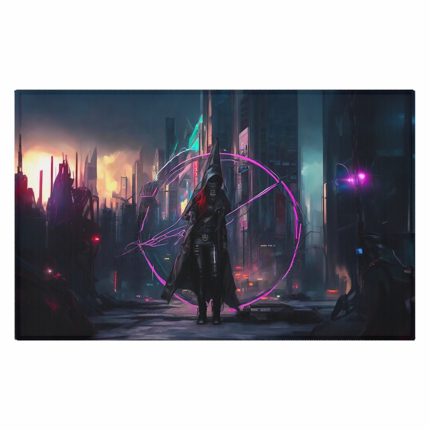 Technomancer's Ward Area Rug - Futuristic Sci-Fi Anarchy Woman Mage Cyberpunk