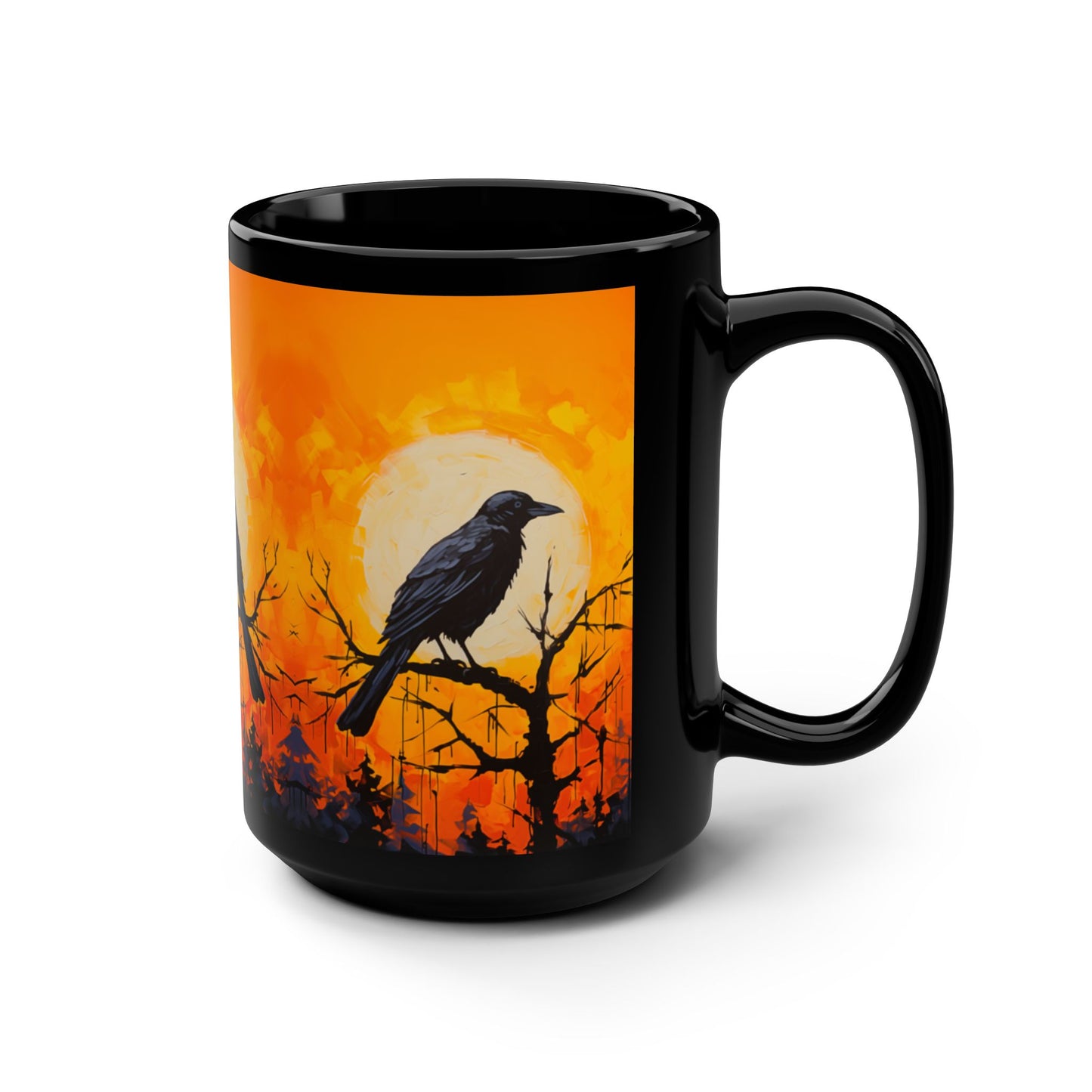 Corvid Sunrise Silhouette 15oz Coffee Mug Orange and Black Raven Mug