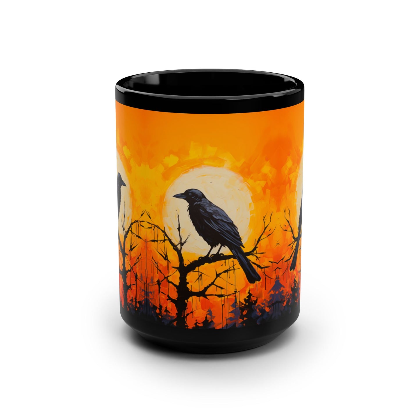 Corvid Sunrise Silhouette 15oz Coffee Mug Orange and Black Raven Mug