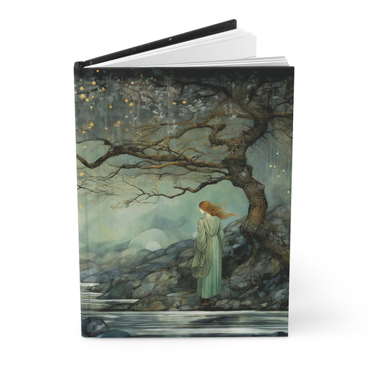 Her Lunar Reflection - Harcover Journal Notebook with orginal art - woman, moon, green, celtic, goddess, feminine, beauty, serenity