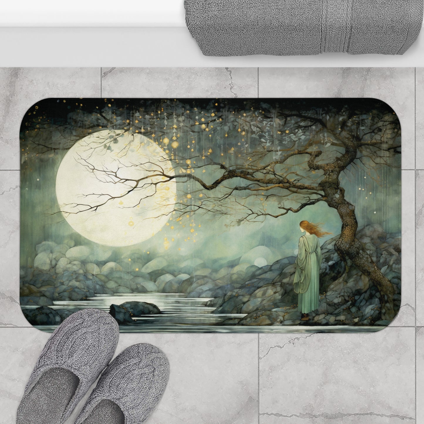 Her Lunar Reflections Bath Mat - A beautiful redhead woman contemplates existence whilst gazing upon the full moon.